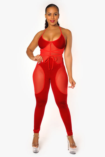 Mono de terciopelo rojo y transparente